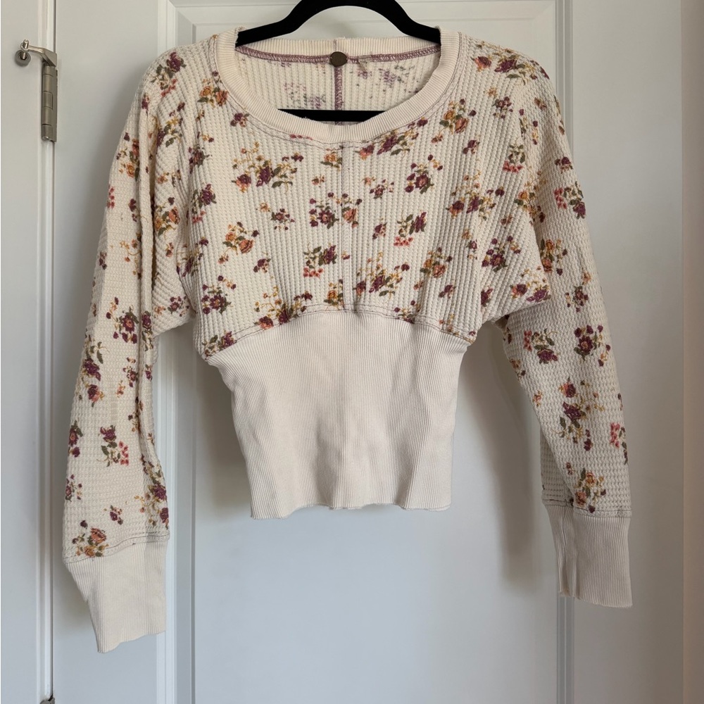 Free People Cream Floral Cropped Sweater